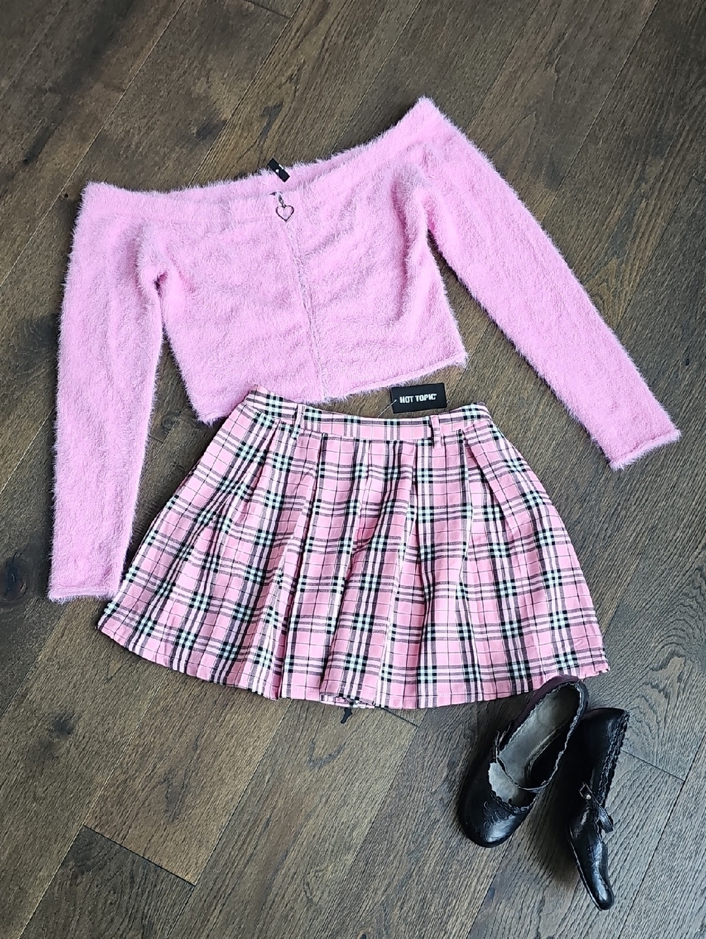 Hot Topic Pink Plaid Pleated Skirt + Sweet Society Fuzzy Cardigan Set Y2K Coq
